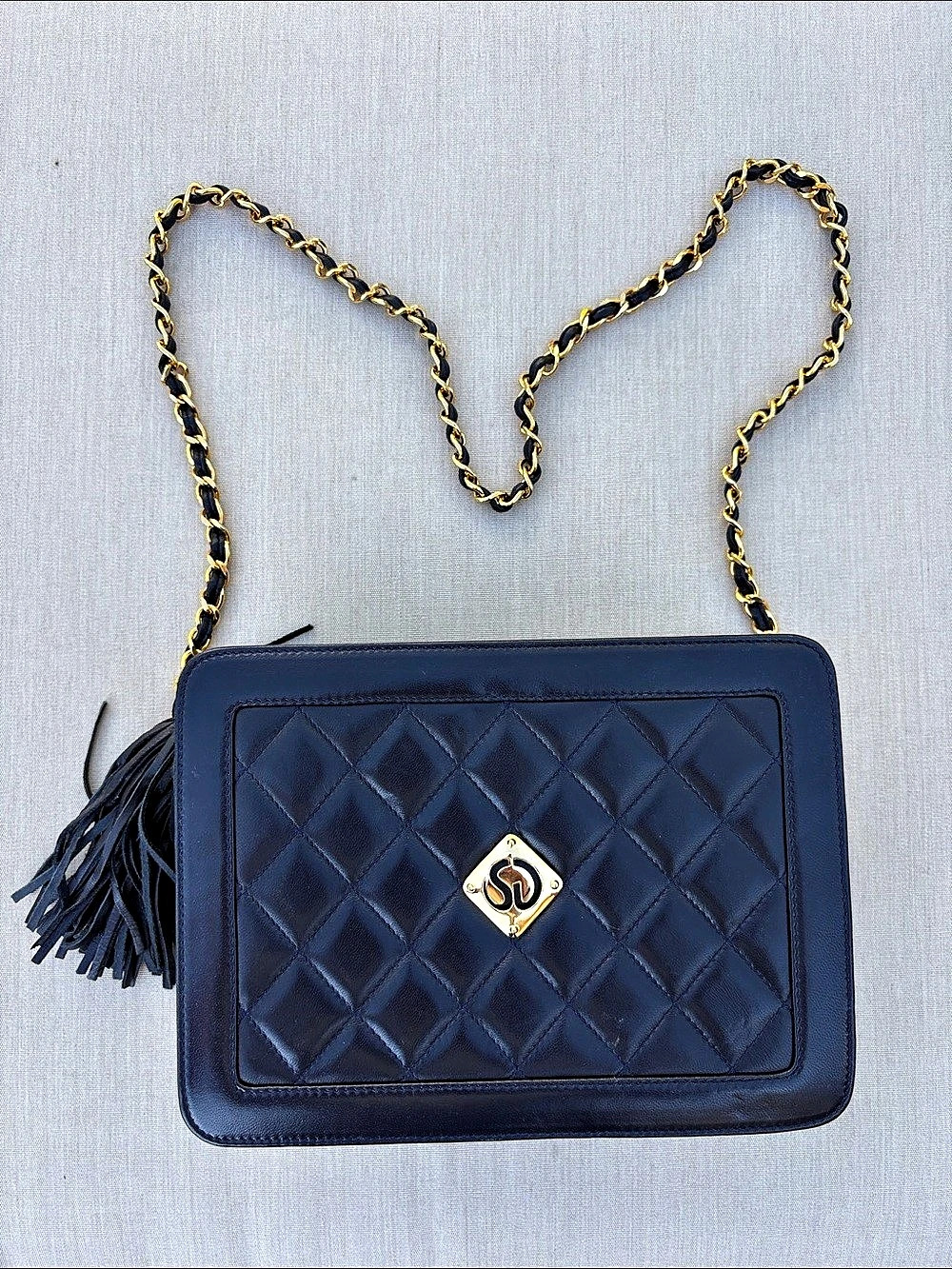 St. John Quilted Chain Shoulder Bag in dark navy blue